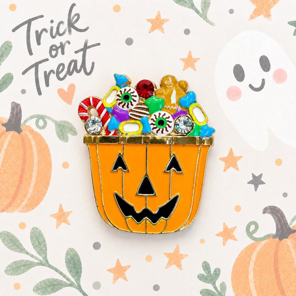 Halloween Pumpkin Candy Bucket Brooch Enamel Rhinestone Jack O Lantern Pin CP209